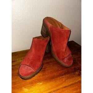Lucky Brand Dalliey Burnt Henna Leather Suede Mules Open Toe Stacked 3" Heels